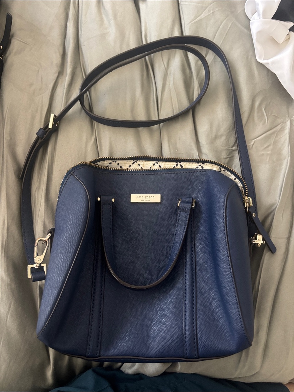 kate spade navy blue crossbody satchel with gold hardware